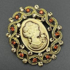 Yellow Gold with Champagne Topaz Crystal Victorian Lady Cameo Pin Back Brooch